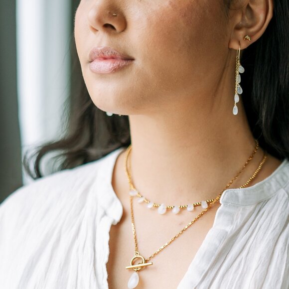 STUNNING Moonstone Threader Earrings Gemstone Dangle Earring June Birthday Gift - Picture 15 of 15